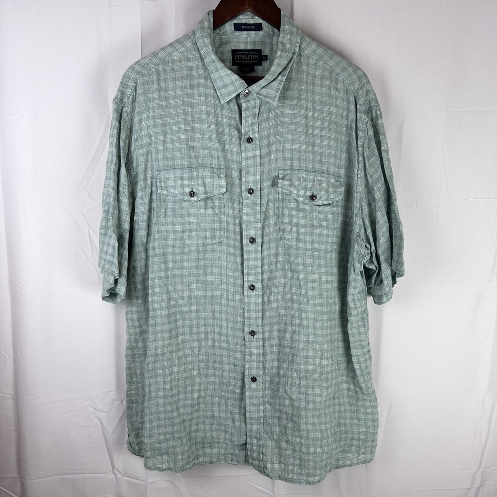 Pendleton Shirt Mens XL Green Malone Plaid Linen Button Up Short Sleeve Casual